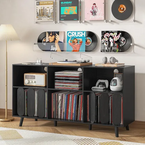 Vista 4 de Oubayajia Soporte Grande para Tocadiscos, Soporte de Almacenamiento de Discos de Vinilo, Mesa para Tocadiscos con Toma de Corriente, Soporte