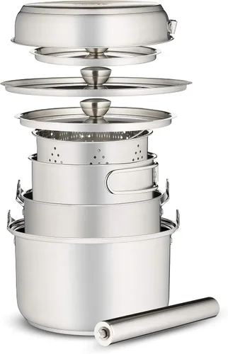 Vista 2 de Juego de utensilios de cocina de acero inoxidable 304 de 8 piezas para ollas y sartenes, kit de cocina de fuego abierto Sartén vaporera con bolsa