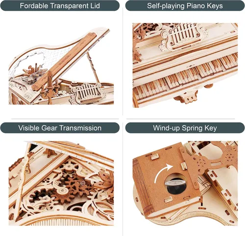 Vista 10 de ROKR Rompecabezas de madera 3D para adultos, 223 piezas, kit de modelo de piano a escala 1:20, rompecabezas de construcción, caja de música