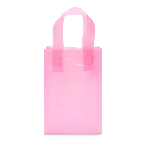 Vista 9 de Prime Line Packaging Bolsas de regalo rosadas, bolsas de tote de plástico esmerilado con asas para pequeñas empresas, golosinas, compras, cumpleaños