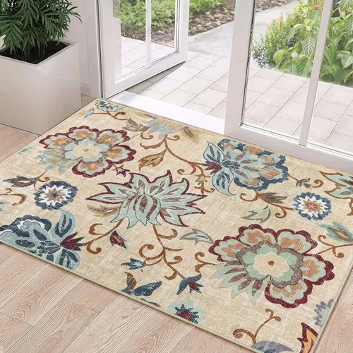 Vista 11 de Beeiva Alfombras florales de entrada, lavables para interiores, ultra fina, de 2 x 3 pies, antideslizante, para cocina, tapete de cachemira suave