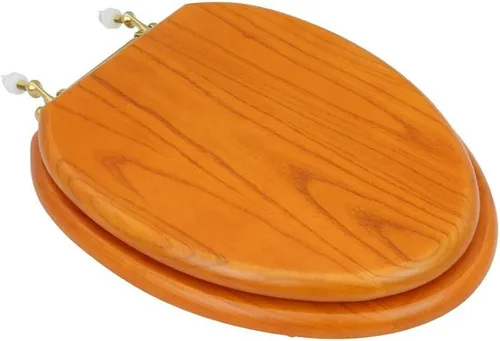 Vista 18 de Renovators Supply Manufacturing Asiento de retrete alargado de madera de caoba ligera con las bisagras de cobre amarillo de PVD y el parachoques