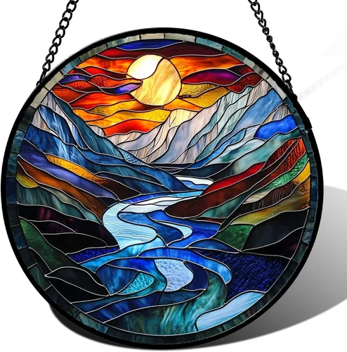 Vista 22 de Colgador de vidrieras para colgar, atardecer montañas, lago, árbol, atrapasoles para ventana, decoración del hogar, paisaje, día de la madre