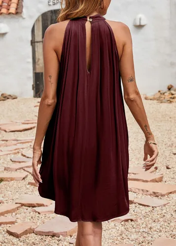 Vista 6 de KIRUNDO Vestido corto sin mangas con cuello halter para mujer 2024, holgado, plisado, vestido corto de playa