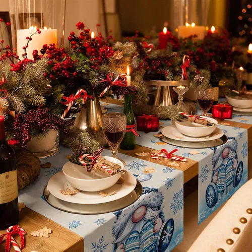 Vista 2 de Camino de mesa de gnomos de Navidad de 36 pulgadas de largo, algodón y lino, bufandas de arpillera, cocina, cena, cafetería, decoración de mesa