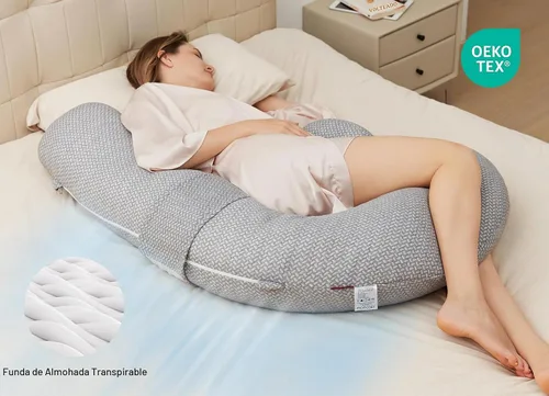 Vista 6 de Momcozy Almohadas de embarazo, original en forma de F, con cubierta de capa de aire, color gris