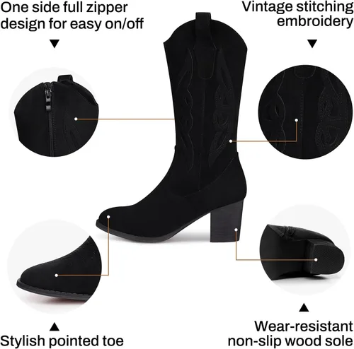 Vista 5 de SHIBEVER Botas vaqueras para mujer 2025 botas vaqueras a media pantorrilla con bordado occidental de tacón alto y punta puntiaguda