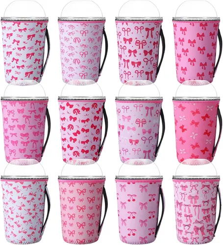 Vista 8 de Boao 12 fundas para vaso de neopreno reutilizables con asa, funda aislada para taza para café helado, bebida fría, anticondensación, sin sudor