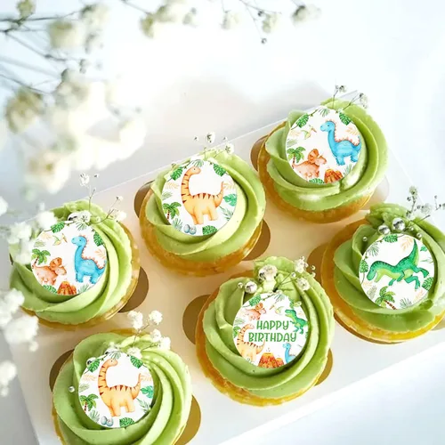 Vista 3 de 40 piezas comestibles de dinosaurio para cupcakes, papel de oblea, dinosaurio, bebé, dinosaurio, magdalena, decoración para fiestas de cumpleaños