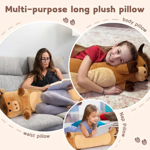 Vista 5 de Tezituor Lindo animal de peluche de vaca de las tierras altas de 43 pulgadas, almohada de felpa de vaca larga suave para niños y adultos, juguete