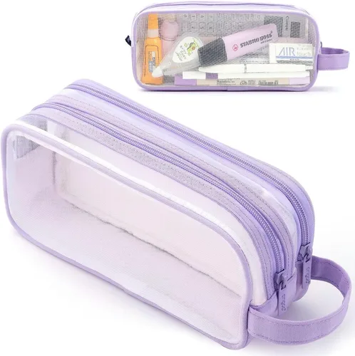 Vista 8 de Estuche grande de malla de malla con 2 compartimentos, bolsa transparente para lápices con cremallera, bolsa de papelería transparente multifunción