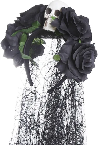 Vista 7 de Diadema de velo de rosas para Halloween, disfraz de corona floral del día de los muertos