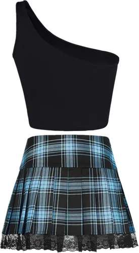 Vista 2 de SFBBCLOZ 2 Piece School Girl Outfit Costume For Women Rave Outfit One-Shoulder Vest Top and Lace Plaid Skirt Set For Women
