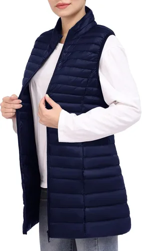 Vista 8 de ELFJOY Chaleco largo acolchado para mujer, chaleco de plumón largo ultraligero con cuello alto, chalecos negros para mujer, ropa de abrigo