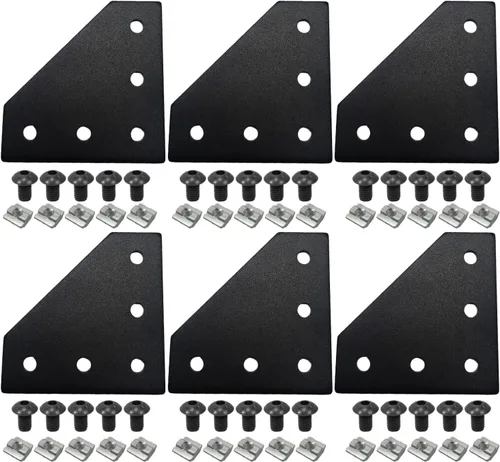Vista 8 de 10 piezas 2020 placa de unión de soporte de esquina en forma de L, conector de extrusión de aluminio de 5 agujeros con 50 tuercas en T, 50 tornillos