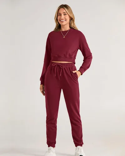 Vista 50 de BTFBM Conjunto deportivo de 2 piezas para mujer, camiseta corta de manga larga, sin botones, pantalón con cordón ajustable, pantalones deportivos