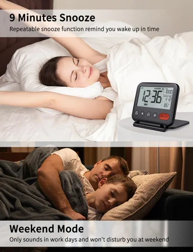 Vista 6 de NOKLEAD Reloj despertador digital de viaje para dormitorio y oficina: pequeño reloj de escritorio LCD con luz de fondo, fecha, temperatura