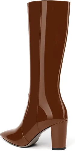 Vista 203 de AMBELIGHT Botas altas hasta la rodilla con cremallera y puntera puntiaguda para mujer, de patente sólida, tacón alto, 3.3 pulgadas