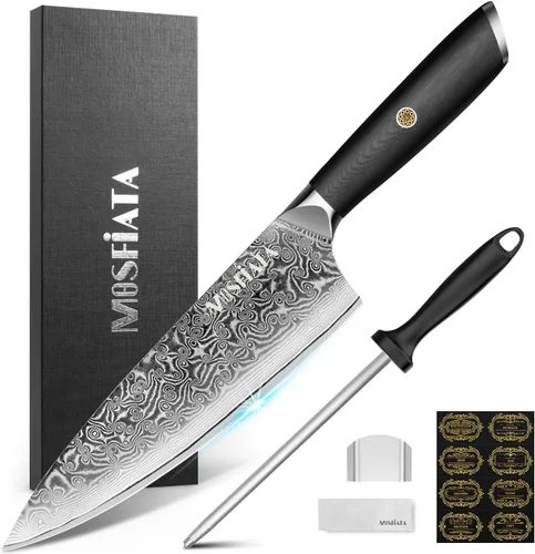 Vista 13 de MOSFiATA Juego de cuchillos de chef profesional de Damasco, 3 piezas, cuchillo de chef de 8 pulgadas, cuchillo Santoku de 7 pulgadas y cuchillo