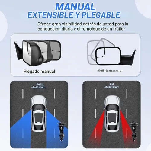 Vista 6 de Espejos de remolque un par para Dodge Ram 1500 1994-2001, Ram 2500 3500 1994-2002, ajustable manual, plegado manual, juego izquierdo y derecho