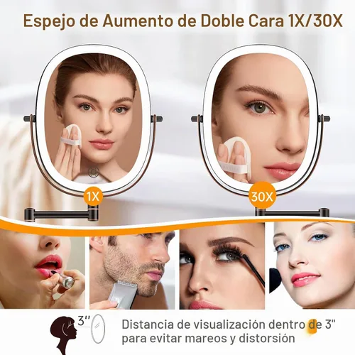 Vista 2 de FUNTOUCH Espejo de Maquillaje Montado en la Pared Iluminado 30X/1X, Espejo de Aumento de Baño Recargable de Doble Cara de 5000mAh, Modos de 3 30