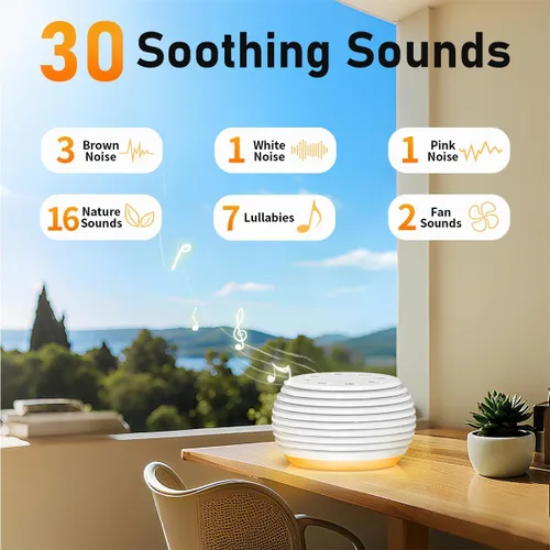 Vista 2 de SleeZOO Máquina de sonido portátil, máquina de ruido blanco, máquina de dormir con 30 sonidos relajantes, 32 niveles de volumen, 5 temporizadores