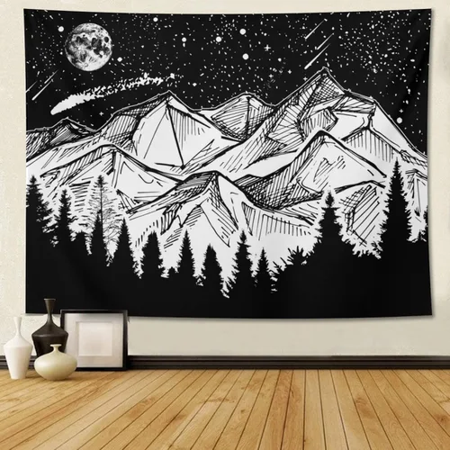 Vista 2 de feelacle Tapiz de luna de montaña, cielo nocturno estrellado, 60 x 40 pulgadas, blanco y negro, decoración de fiesta para dormitorio, sala de estar