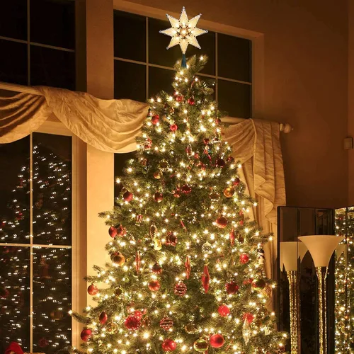 Vista 2 de Brizled Decoración para árbol de Navidad con estrella de 8" iluminada de doble cara, estrella de 8 puntas con 10 luces cálidas, estrella de Navidad