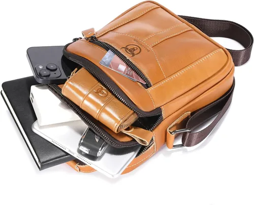 Vista 4 de Bolsos cruzados de cuero para hombre, bolso de hombro casual, bolso de mensajero de viaje, bolso vintage con múltiples bolsillos