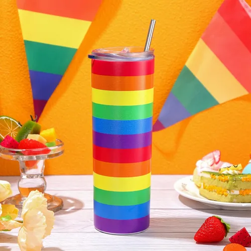 Vista 4 de Geiserailie Vaso de bandera del orgullo arcoíris, regalo pansexual Lesbiana LGBT del orgullo gay, taza de agua a rayas de arcoíris, regalos del mes