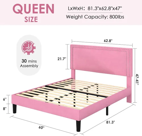 Vista 124 de VECELO Base de cama de plataforma de tamaño individual con cabecera tapizada de altura ajustable, base de colchón moderna, soporte de listones