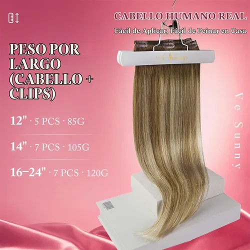 Vista 3 de Ve Sunny Extensiones de cabello humano real con clip balayage, color marrón castaño degradado a rubio, 12 pulgadas, 5 unidades, 2.82 onzas
