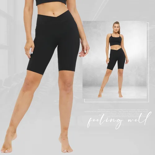 Vista 4 de keriffe Pantalones cortos cruzados para mujer de 5 pulgadas, cintura alta, yoga, entrenamiento, atletismo, correr, pantalones cortos de elastano