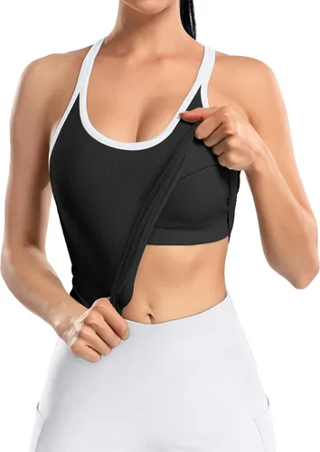 Vista 103 de ATTRACO Camiseta corta acanalada de entrenamiento para mujer con brasier integrado para yoga, espalda cruzada, ajuste ajustado