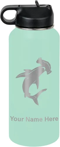 Vista 66 de LaserGram Botella de agua personalizada, tiburón martillo, acero inoxidable de doble pared aislada al vacío con popote superior, regalo grabado