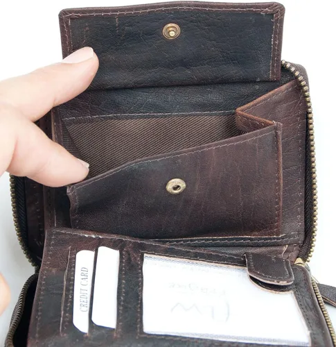 Vista 7 de FLW Cartera grande de piel auténtica duradera con cremallera marrón oscuro, Marrón oscuro, Cartera triple