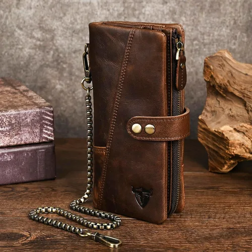 Vista 4 de Genuino Caballo Loco Cuero Regalo de Viaje Moneda Bolsillo Tarjetero Organizador Largo Cadena Rfid Cartera Monedero Con Broche Para Hombres Hombres
