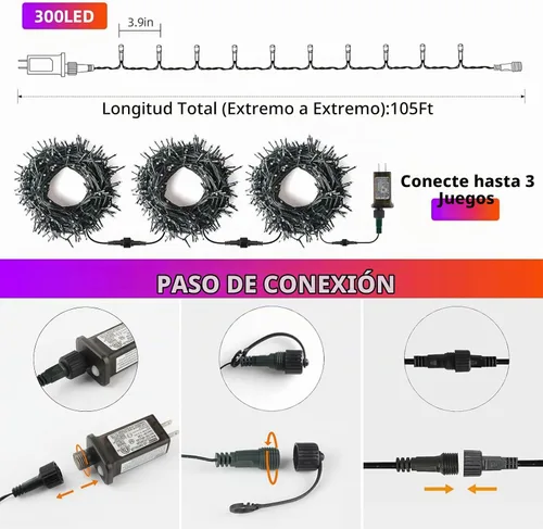 Vista 6 de XTF2015 Guirnalda de luces de Halloween naranja y morada, luz de Halloween de 105 pies, 300 LED que cambian de color, enchufe de extremo a extremo
