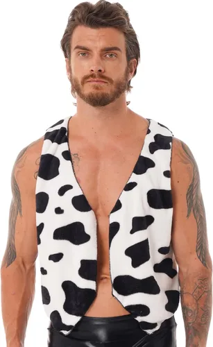 Vista 3 de TiaoBug Chaleco para hombre con estampado de vaca para adultos, disfraz de Halloween, franela, sin mangas, frente abierto, abrigos cortos