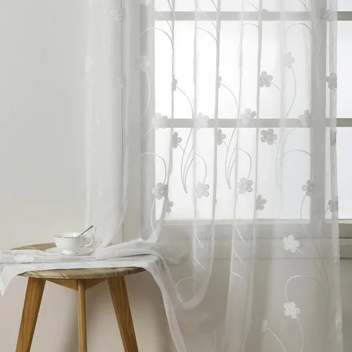 Vista 11 de VOGOL Cortinas transparentes con patrón de hojas bordadas, paneles de ventana blancos con ribete de encaje para sala de estar y dormitorio, cortinas