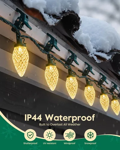 Vista 2 de Luces de Navidad C9 para exteriores con 100 clips de resorte de 65 pies, 100 LED, cadena de luces C9 impermeable conectable para casa, techo, patio