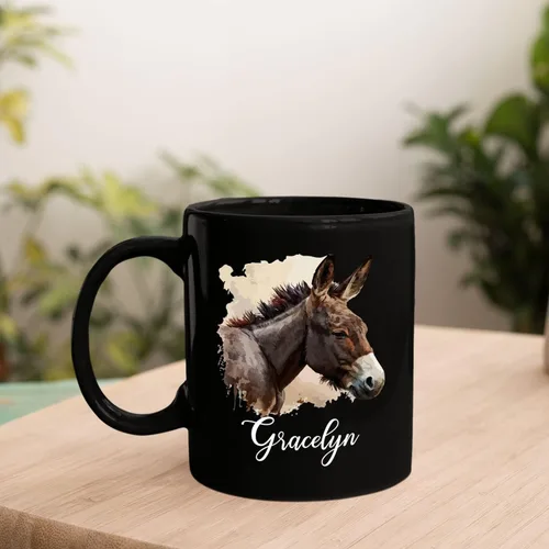 Vista 3 de Tazas de café Mule personalizadas para hombres y mujeres, regalos personalizados de burro y caballo de cerámica negra, regalos para amantes