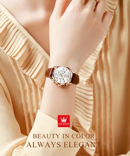 Vista 4 de OLEVS Relojes de cuero para mujer, correas marrones, vestido casual, cronógrafo, relojes de pulsera de cuarzo analógico de oro rosa, resistente al