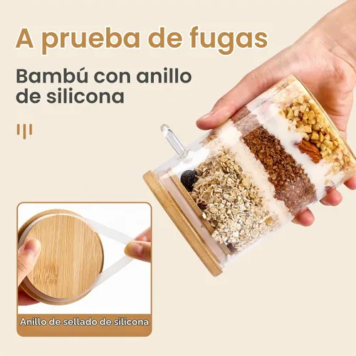 Vista 3 de Paquete de 4 recipientes de avena nocturna con tapas y cucharas de bambú - Tarros de vidrio herméticos de 22 onzas con tapa, tarros de preparación