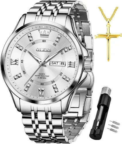Vista 14 de OLEVS - Relojes de diamantes para hombres, relojes de vestir a prueba de agua, relojes analógicos de cuarzo de lujo con calendario de fecha y correa