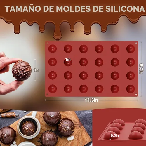 Vista 2 de Moldes de silicona para bombas de chocolate caliente de 24 agujeros, 2 paquetes de mini moldes de semiesfera de 1 pulgada de media esfera para hacer