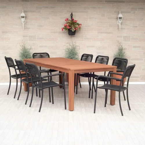 Vista 9 de Amazonia Mónaco - Juego de mesa de comedor rectangular de 9 piezas para exteriores, madera de eucalipto, ideal para patio e interior, acabado