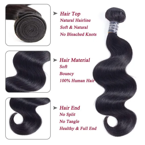 Vista 3 de Amella Cabello brasileño ondulado con cierre (12, 14, 16 + 12 cierre), 3 paquetes de cabello brasileño con cierre de parte libre, cabello humano sin