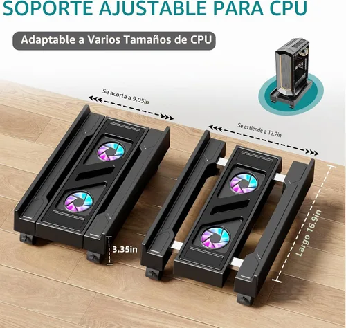 Vista 2 de Soporte ajustable para CPU con ventilador de refrigeración y luz RGB, soporte de CPU móvil con 4 ruedas rodantes, soporte de torre de computadora