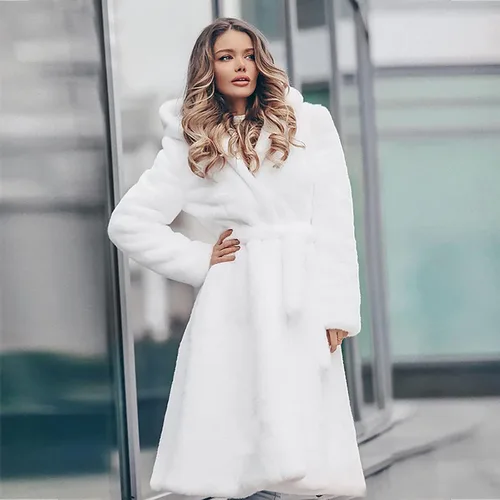 Vista 5 de WSHEMV Chaquetas largas para mujer, abrigo corto de imitación para mujer, abrigo cálido y peludo, abrigo de invierno